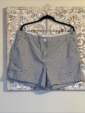 Striped Navy & White Embroidered lemon Bermuda Shorts - Women